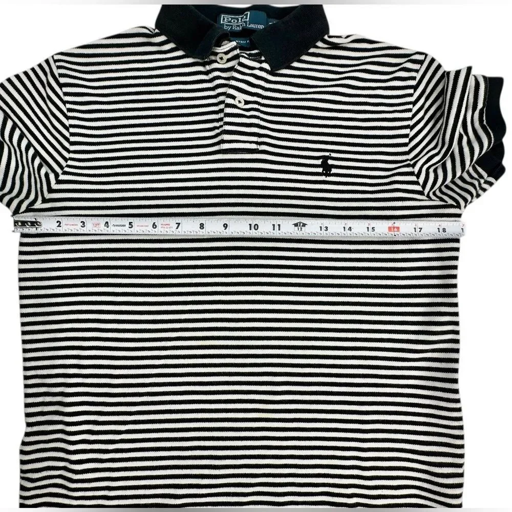 Polo by Ralph Lauren Custom Fit Navy Blue White Striped 100% Cotton Mens Medium